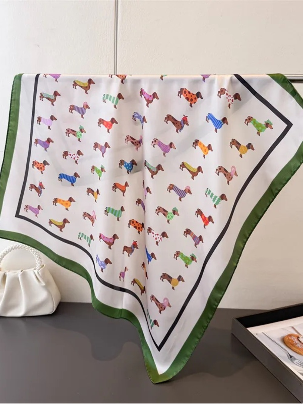 NWOT Beige Satin Scarf with Colorful Dachshund Print and Green Border